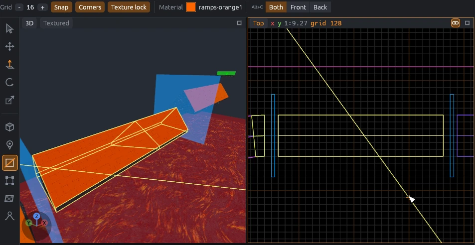 The Clip tool cutting a surf ramp diagonally, with the clip line in the top view and the cut previewed in 3D.