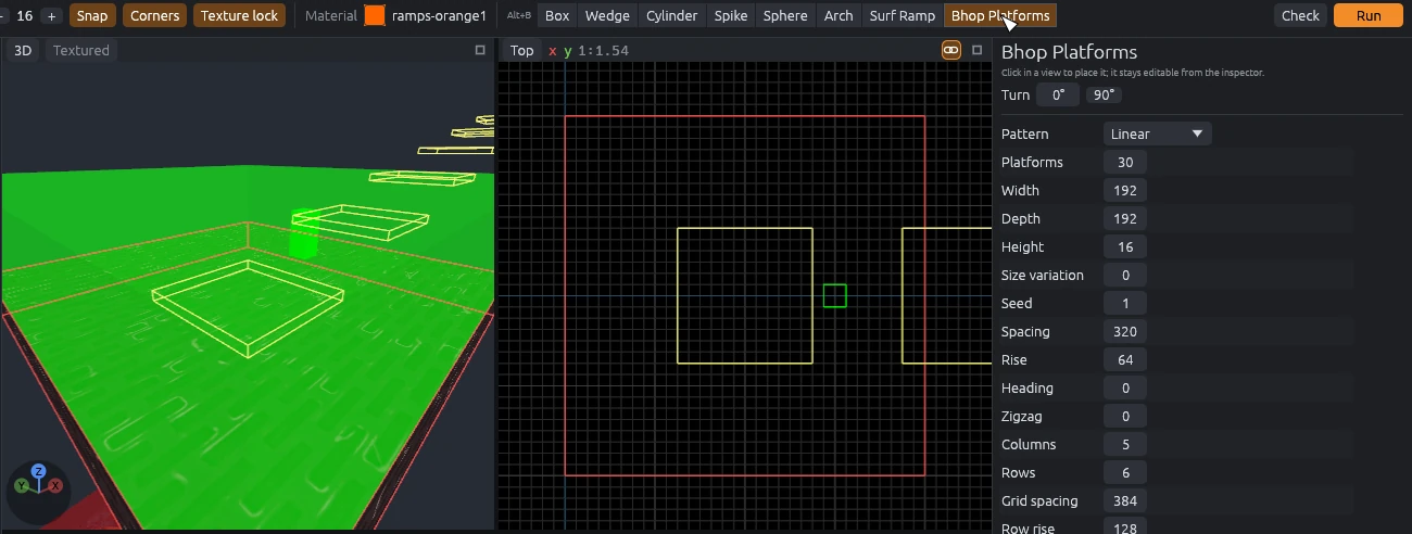 Ghost preview of a climbing line of bhop platforms above the start platform, with the pattern settings in the inspector.