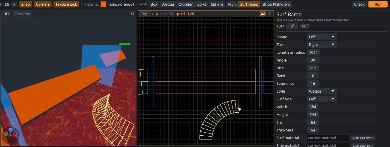 Ghost preview of a curved surf ramp in the 3D and top views, with its shape, radius, rise and materials in the inspector.