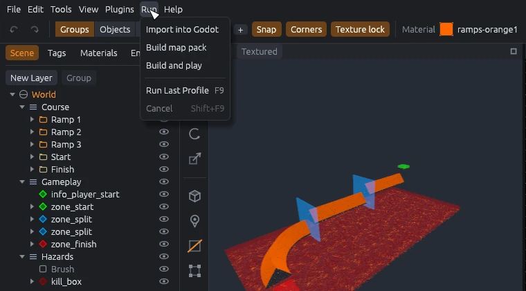 The Run menu with Import into Godot, Build map pack and Build and play.