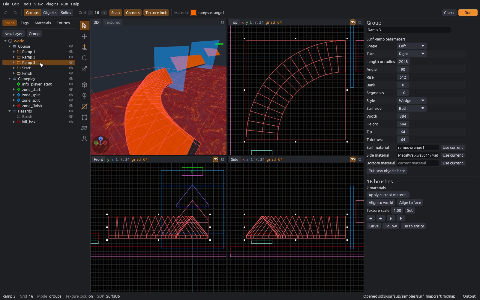 The MapCraft editor: scene tree on the left, top, front, side and 3D views of a surf course in the middle, and the parameters of a curved surf ramp in the inspector on the right.