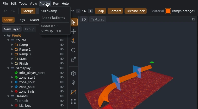 The Plugins menu listing the Surf Ramp and Bhop Platforms commands and the Godot and SurfsUp plugins.