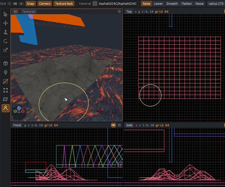 Rock hills sculpted on a displacement above a lava floor, with the sculpt brush ring in the 3D and top views and the hill profiles in the front and side views.