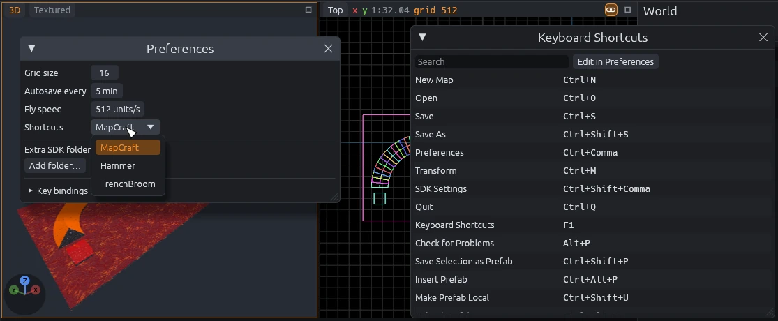 The Keyboard Shortcuts window beside Preferences, with the shortcut presets MapCraft, Hammer and TrenchBroom.